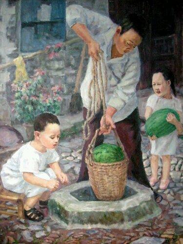 小时候爸爸早早的把西瓜放水桶里镇着 图片_h